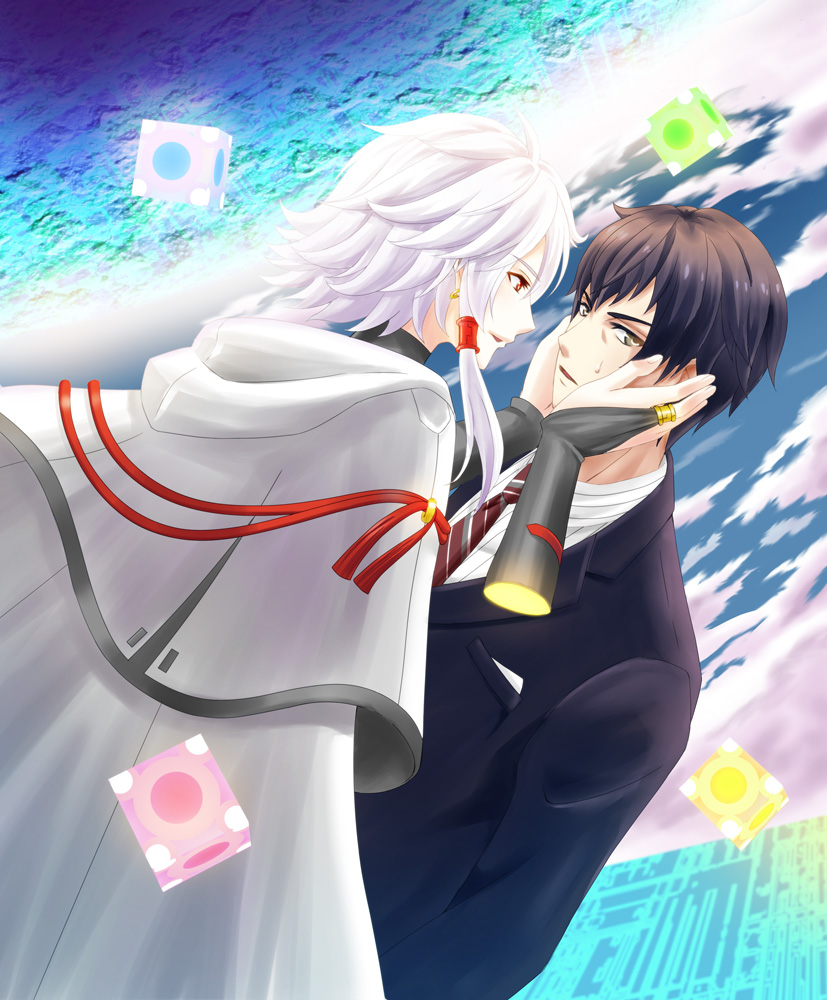 2boys, black_hair, business_suit, cube, earrings, eye_contact, formal, hair_tubes, jewelry, kulalix, looking_at_another, male_focus, multiple_boys, necktie, parted_lips, pocket, red_necktie, seikaisuru_kado, shindou_kojirou, side_glance, striped, striped_necktie, suit, sweatdrop, white_hair, white_robe, yaha-kui_zashunina, yaoi