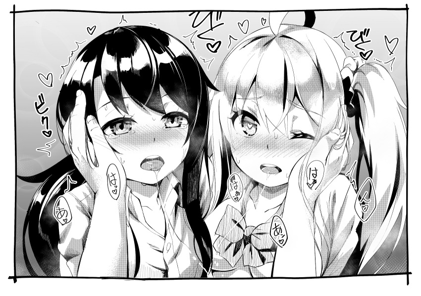 2girls, after_kiss, ahoge, bangs, blush, bow, bowtie, breasts