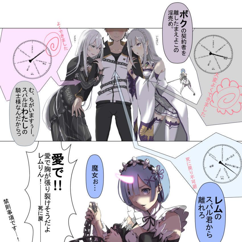 between_breasts, black_dress, blue_eyes, blue_hair, breasts, dress, echidna_(re:zero), emilia_(re:zero)