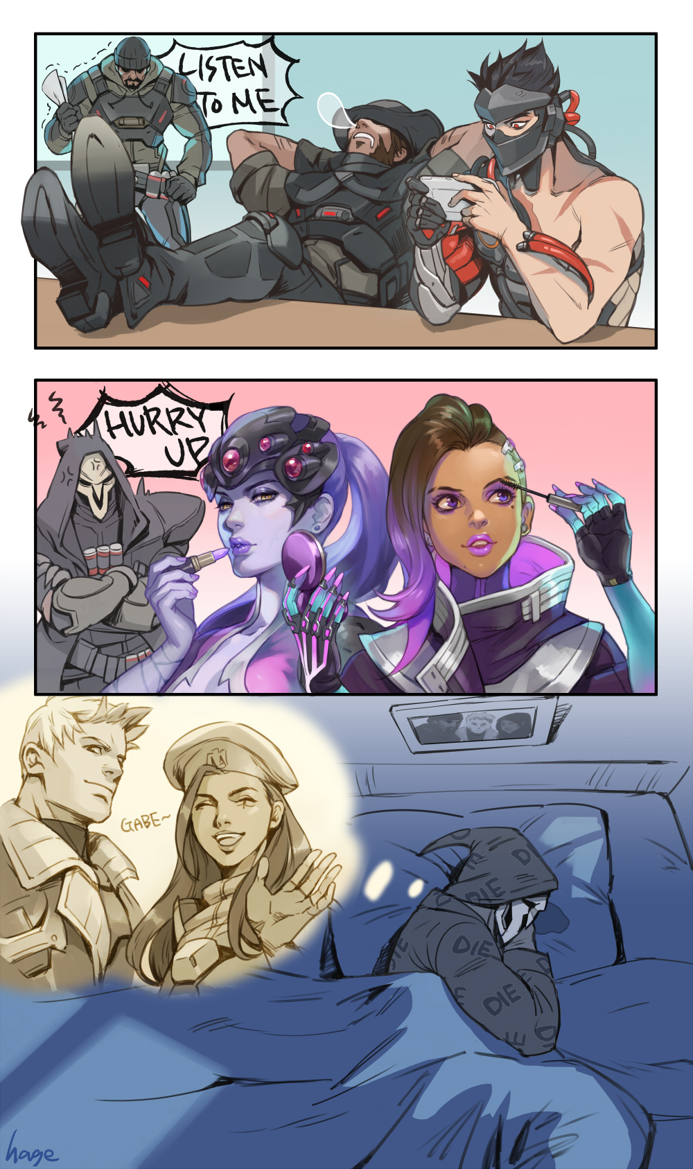 2girls, 3boys, alternate_costume, ana_(overwatch), anger_vein, applying_makeup, artist_name, asymmetrical_hair