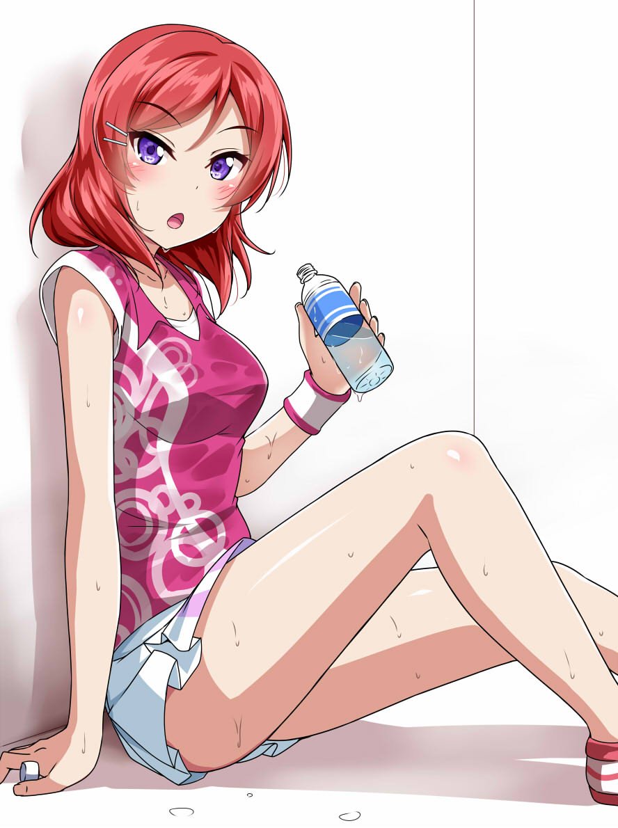 1girl, :o, blush, bottle, bottle_cap, collared_shirt, commentary_request, dripping