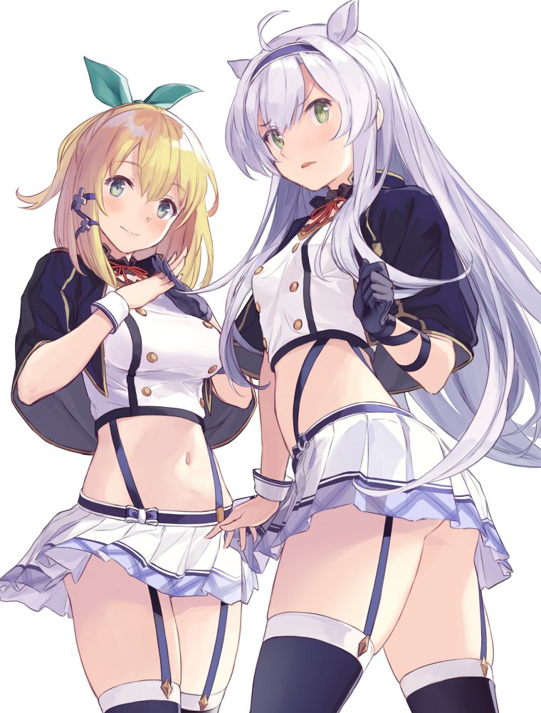 2girls, blonde_hair, gloves, green_eyes, hairband, midriff, multiple_girls, navel