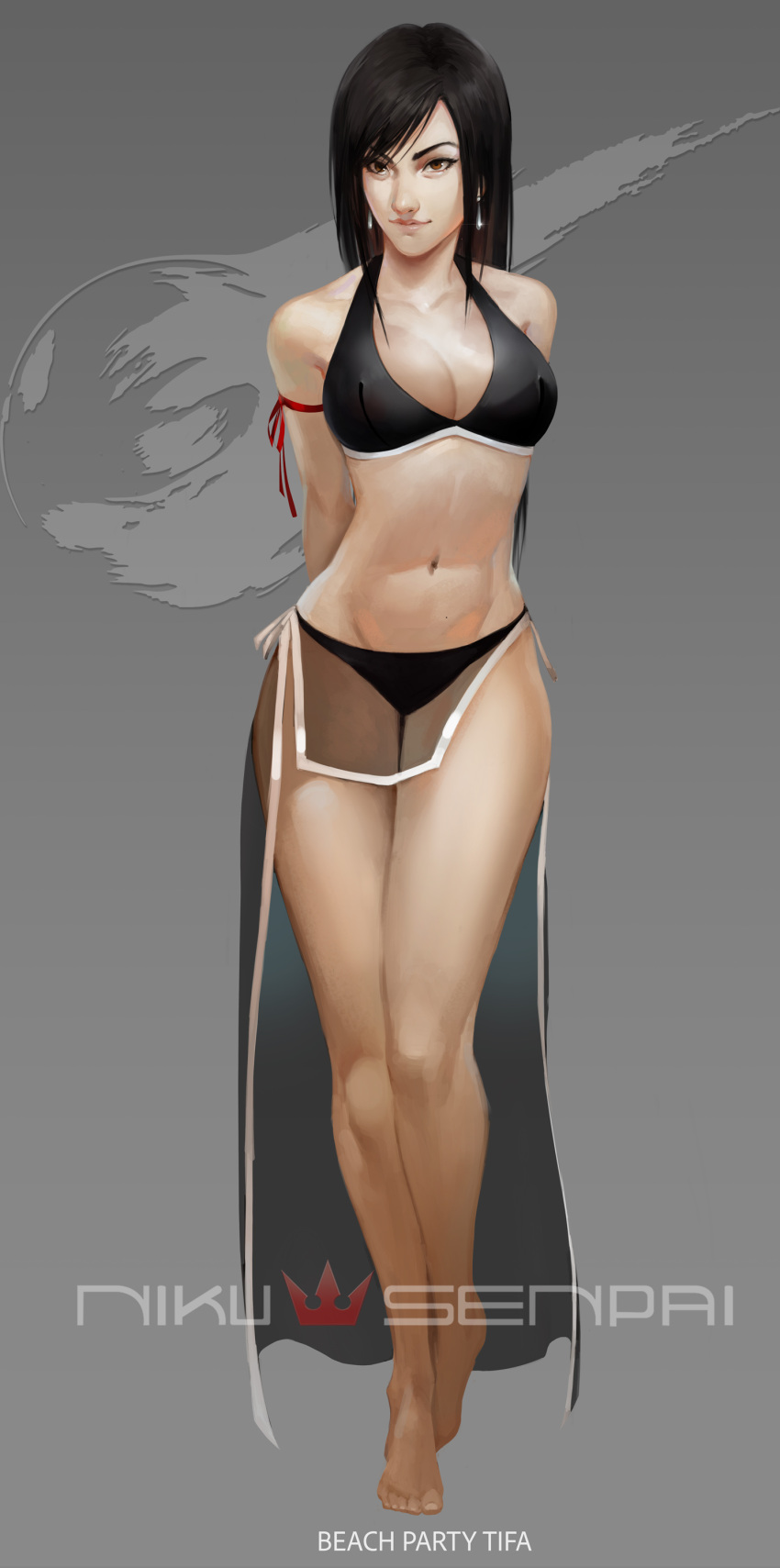 1girl, absurdres, adapted_costume, arm_ribbon, arms_behind_back, barefoot, bikini, black_hair