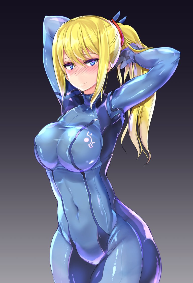 1girl, arms_up, blonde_hair, blue_bodysuit, blue_eyes, blush, bodysuit, breasts
