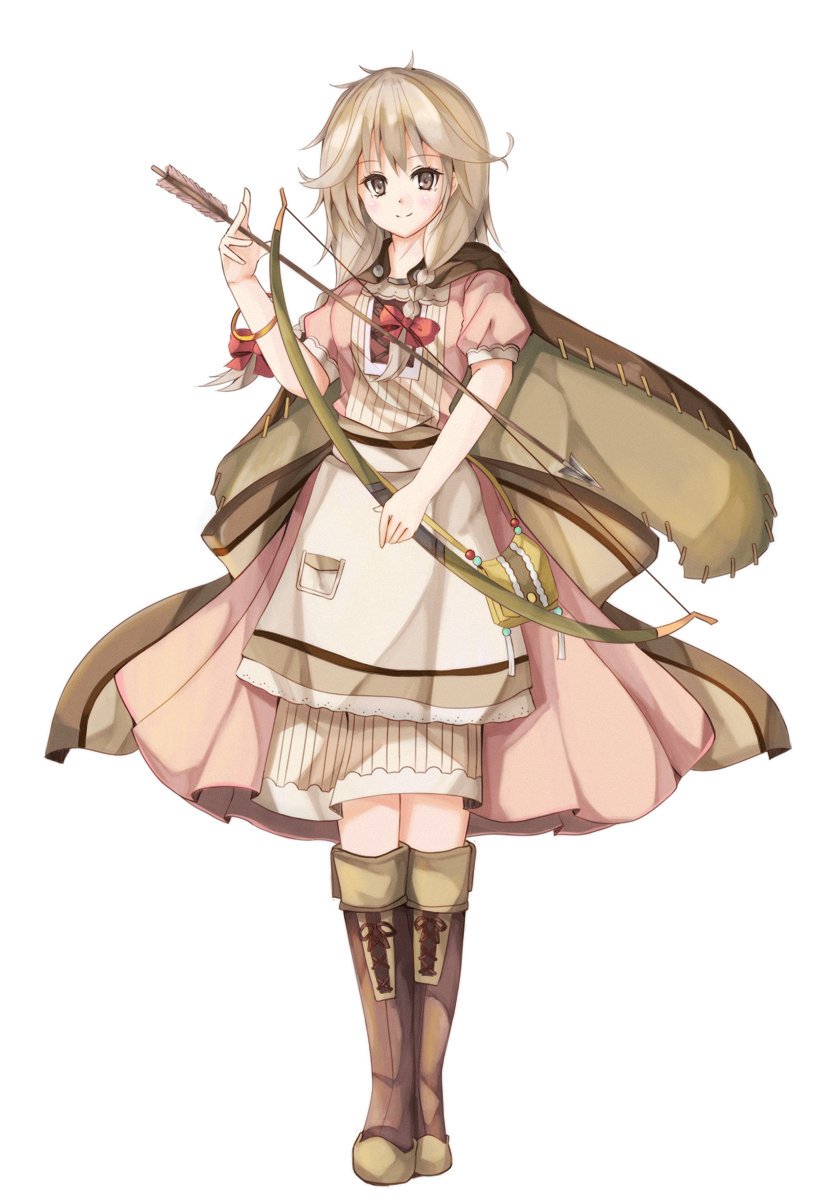 1girl, apron, arrow, blonde_hair, blush, boots, bow, bow_(weapon)
