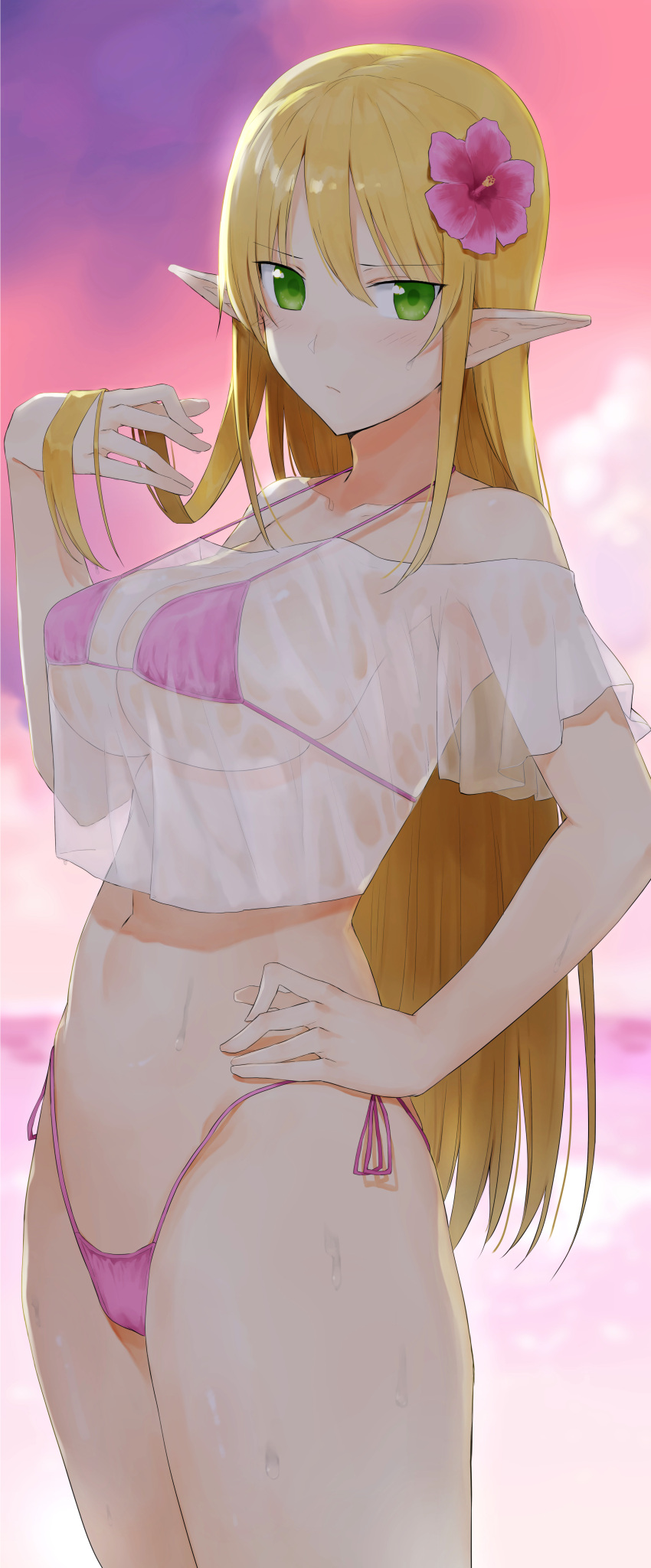 1girl, absurdres, akitaka_(pixiv12739753), bikini, blonde_hair, breasts, cowboy_shot, elf, flower, green_eyes, hair_flower, hair_ornament, hand_on_hip, highleg, highleg_bikini, highres, large_breasts, long_hair, looking_at_viewer, micro_bikini, original, pink_bikini, pointy_ears, see-through, shirt, side-tie_bikini, solo, standing, sunset, swimsuit, t-shirt, under_boob