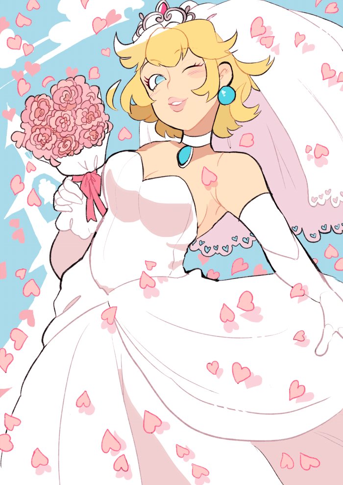 1girl, blonde_hair, blue_eyes, blue_sky, bouquet, bridal_gauntlets, bridal_veil, choker, cowboy_shot, crown, dress, flower, super_mario_bros., nintendo, petals, princess_peach, sky, solo, super_mario_bros., super_mario_odyssey, tagme, tokimekiwaku, veil, wedding_dress, white_dress