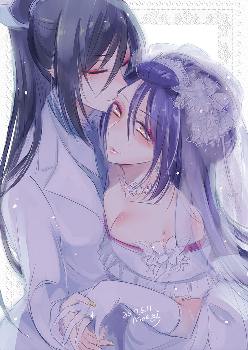 2017, 2boys, artist_name, black_hair, bridal_veil, closed_eyes, crossdressinging, dated
