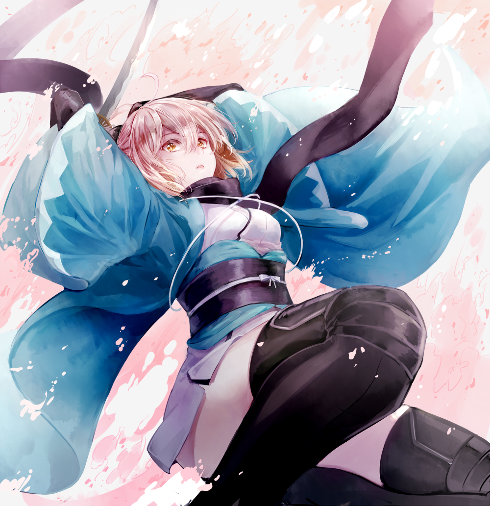 1girl, black_legwear, blonde_hair, fate/grand_order, fate_(series), haori, japanese_clothes, katana