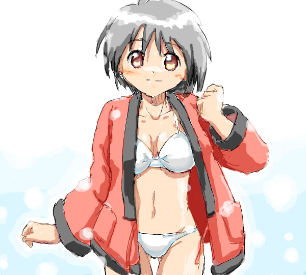 brown_eyes, jacket, open_clothes, open_jacket, short_hair, silver_hair, swimsuit, yagi_gojou