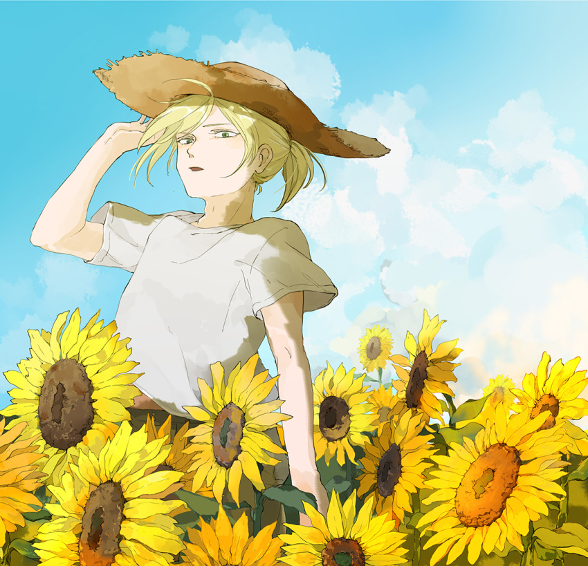 1boy, blonde_hair, blue_sky, flower, green_eyes, hat, male_focus, open_mouth