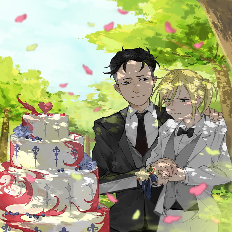 2boys, black_hair, blonde_hair, blurry, bow, bowtie, brown_eyes, cake