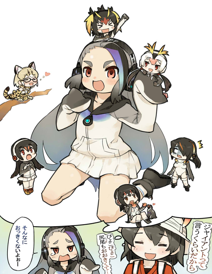 6+girls, animal_ears, backpack, bag, bird, black_hair, blonde_hair, blue_hair