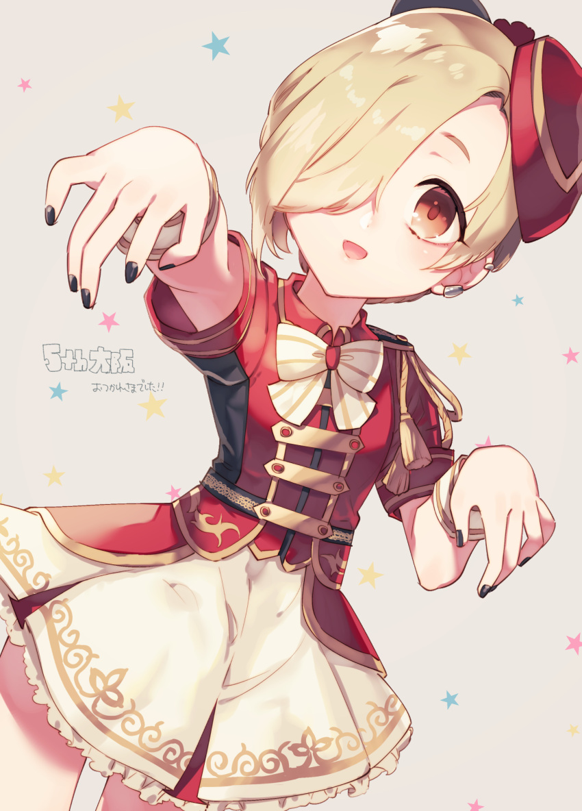 1girl, beret, black_nails, blonde_hair, blush, brown_eyes, dress, ear_piercing