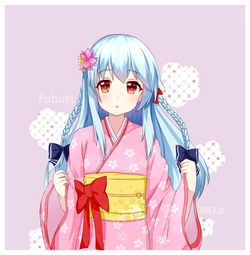 1girl, arms_up, blue_bow, blue_hair, bow, braid, character_name, floral_print