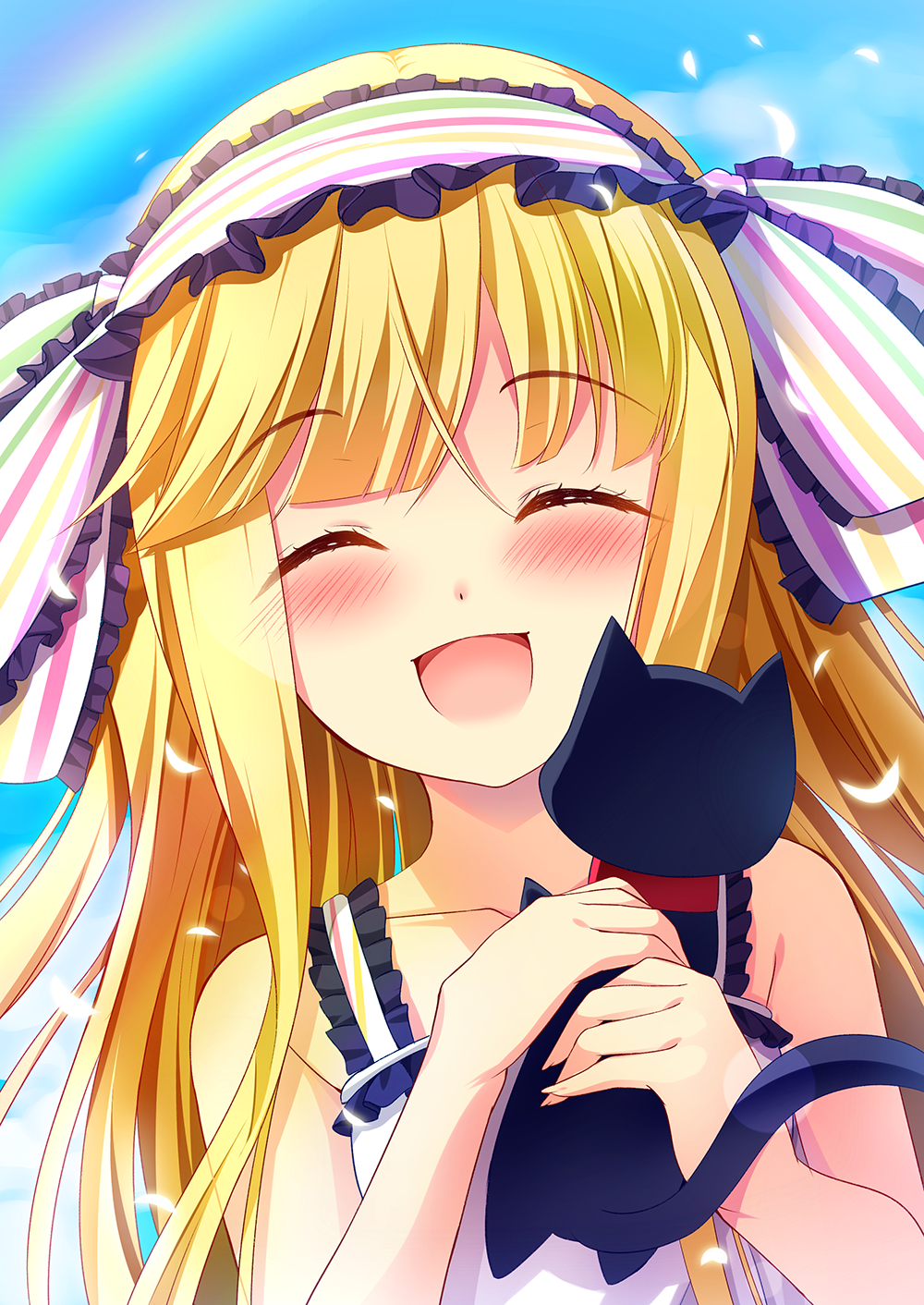 1girl, :d, ^_^, akine_(kuroyuri), bare_shoulders, black_cat, blonde_hair, blush
