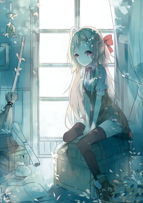 1girl, ahoge, backlighting, bad_id, bad_pixiv_id, between_legs, black_legwear, black_skirt