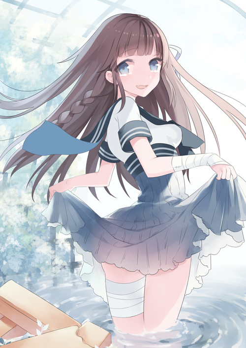 1girl, bandage, bangs, blouse, blue_eyes, blue_skirt, blush, braid