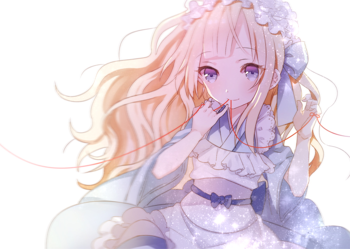 1girl, bangs, blonde_hair, blue_kimono, blunt_bangs, blurry, blush, closed_mouth
