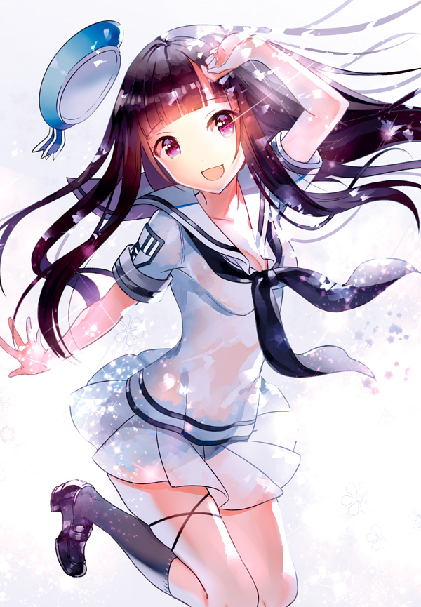 1girl, :d, arm_up, bangs, beret, black_hair, black_legwear, black_neckerchief