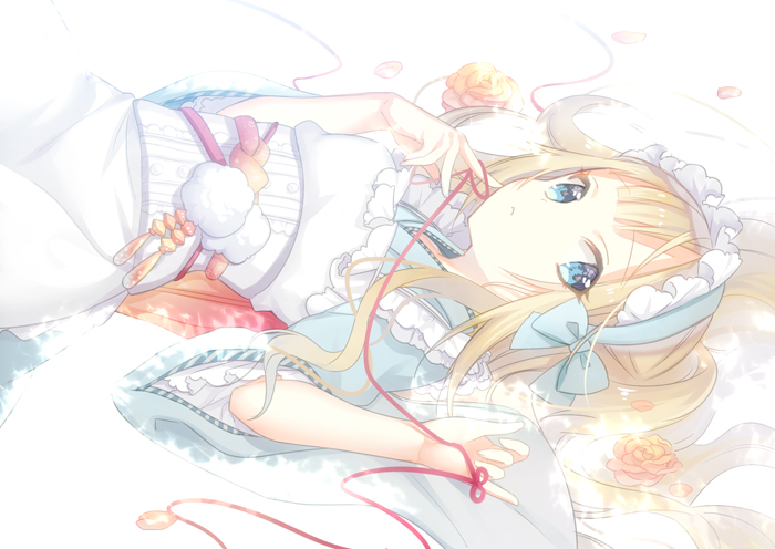 1girl, apron, bangs, blonde_hair, blue_eyes, blue_kimono, closed_mouth, frilled_apron