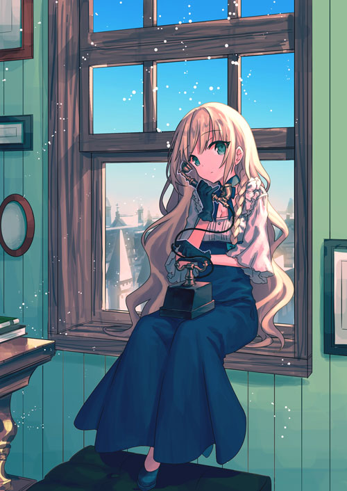 1girl, bangs, blonde_hair, blouse, blue_dress, closed_mouth, day, dress