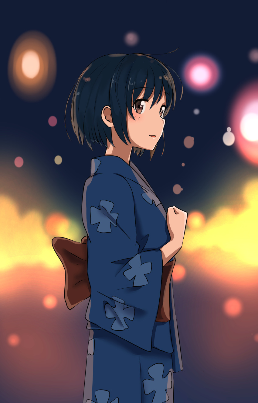 1girl, absurdres, bangs, black_hair, blue_kimono, blush, bob_cut, brown_eyes