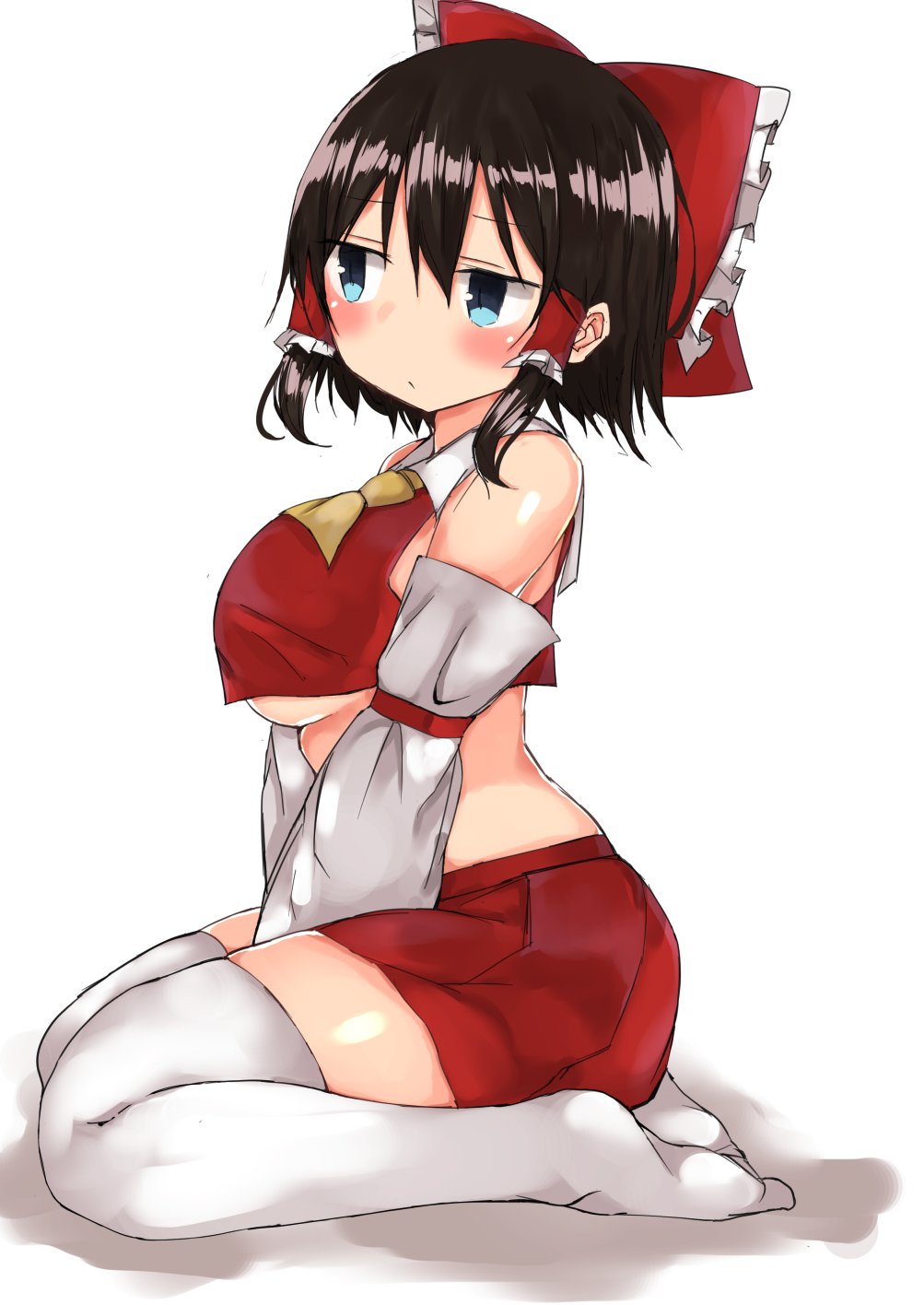 1girl, ascot, bangs, between_legs, black_hair, blue_eyes, blush, bow
