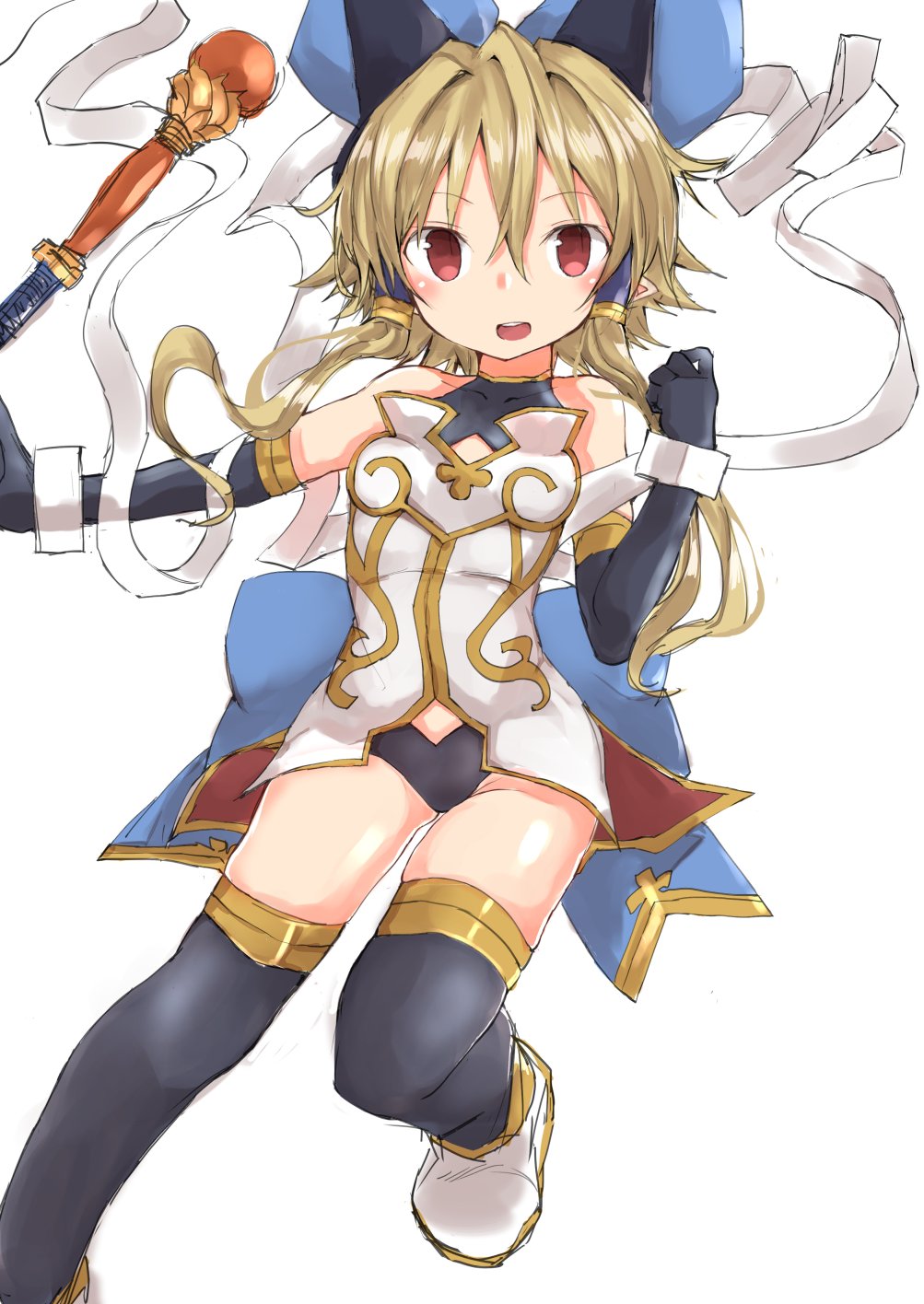 1girl, bangs, black_gloves, black_legwear, blonde_hair, blush, elbow_gloves, eyebrows_visible_through_hair