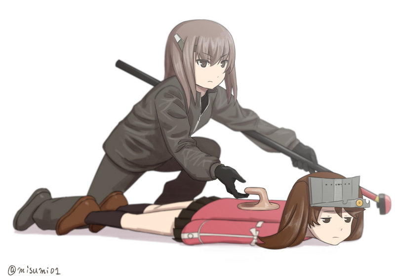 2girls, alternate_costume, black_gloves, brown_eyes, brown_hair, commentary, curling, empty_eyes