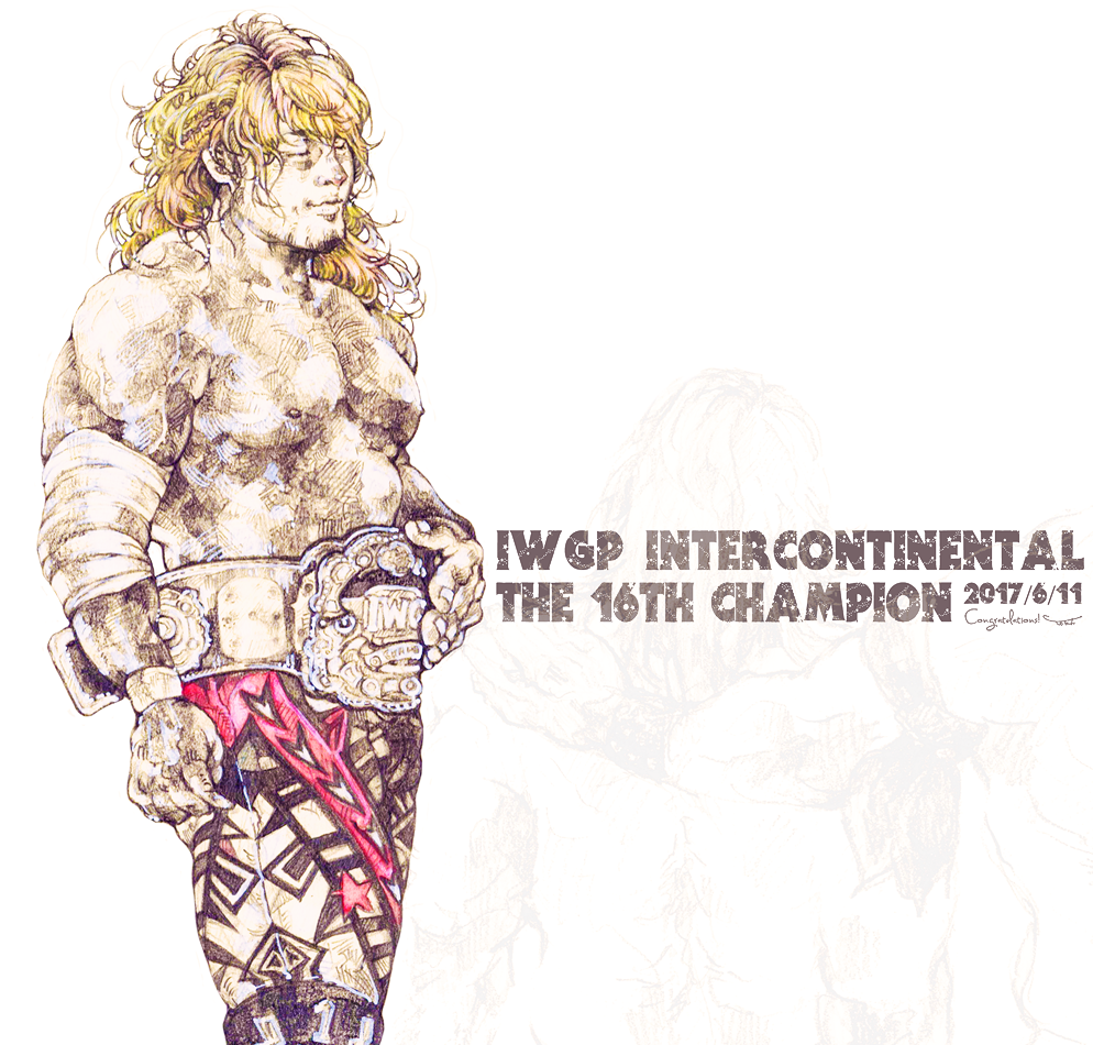 1boy, abs, bandage, belt, blonde_hair, closed_eyes, dated, long_hair, muscle, new_japan_pro_wrestling, solo, tanahashi_hiroshi, tohma_toki, wrestling