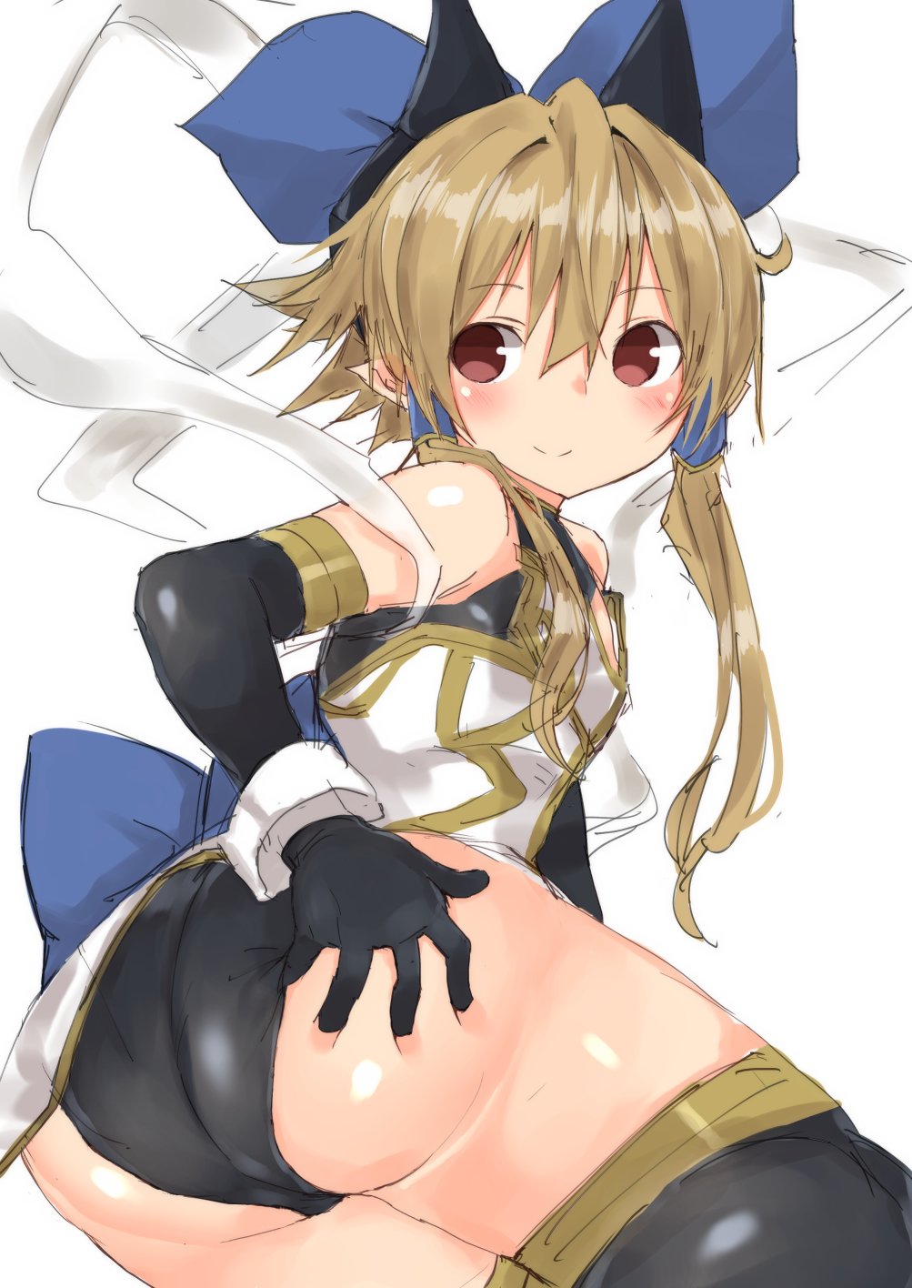 1girl, ass, bangs, black_gloves, blonde_hair, blue_bow, blush, bow