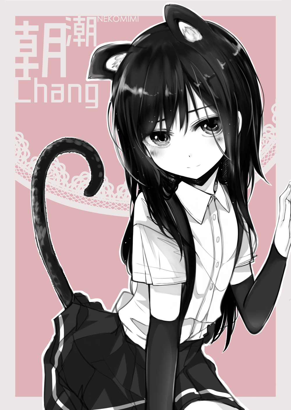 1girl, animal_ears, arm_warmers, asashio_(kantai_collection), bangs, blush, cat_ears, cat_tail