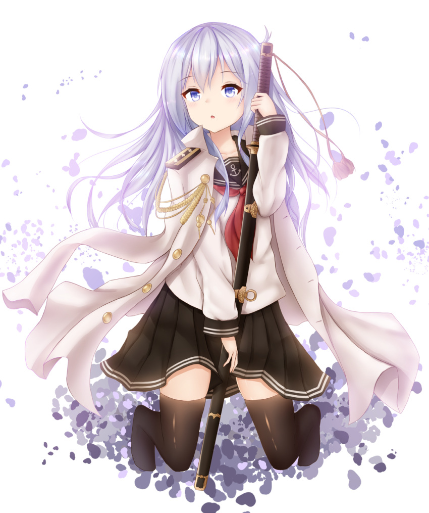 1girl, :o, aiguillette, anchor_symbol, bangs, black_legwear, black_skirt, blue_eyes