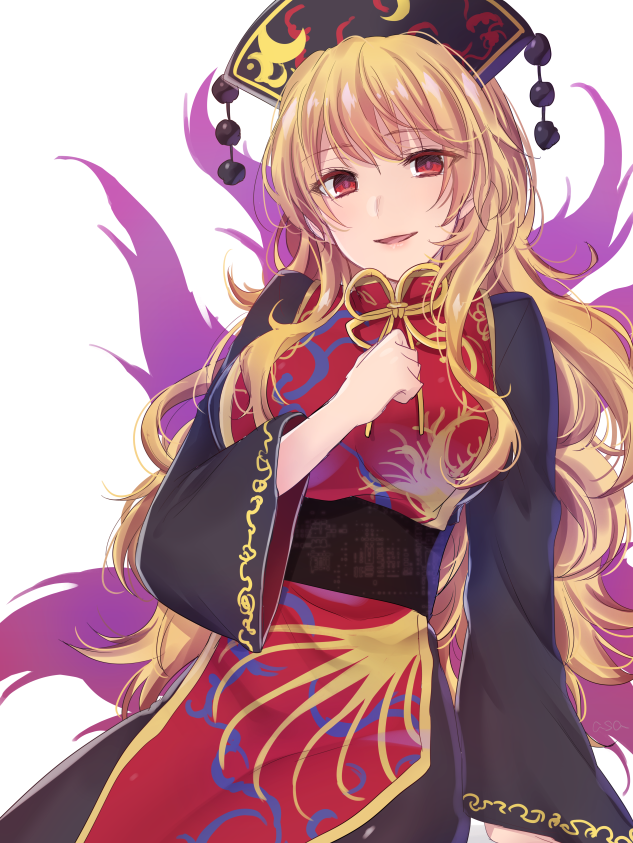 arm_support, asa_(coco), black_dress, blonde_hair, breasts, chinese_clothes, colored_eyelashes, commentary_request