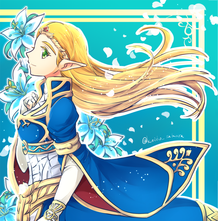 1girl, blonde_hair, elbow_gloves, fingerless_gloves, floral_background, from_side, gloves, green_eyes