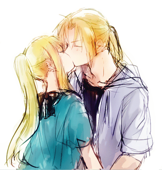 1boy, 1girl, black_ribbon, black_shirt, blonde_hair, blue_shirt, blush, closed_eyes
