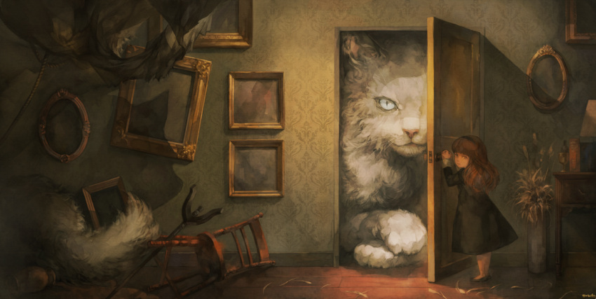 1girl, animal, black_dress, brown_hair, cat, chair, child, dark, desk, door, dress, indoors, long_hair, looking_to_the_side, original, oversized_animal, painting_(object), plant, potted_plant, scenery, shadow, signature, slit_pupils, wallpaper_(object), whiskers, wooden_floor, yoshioka_(haco)