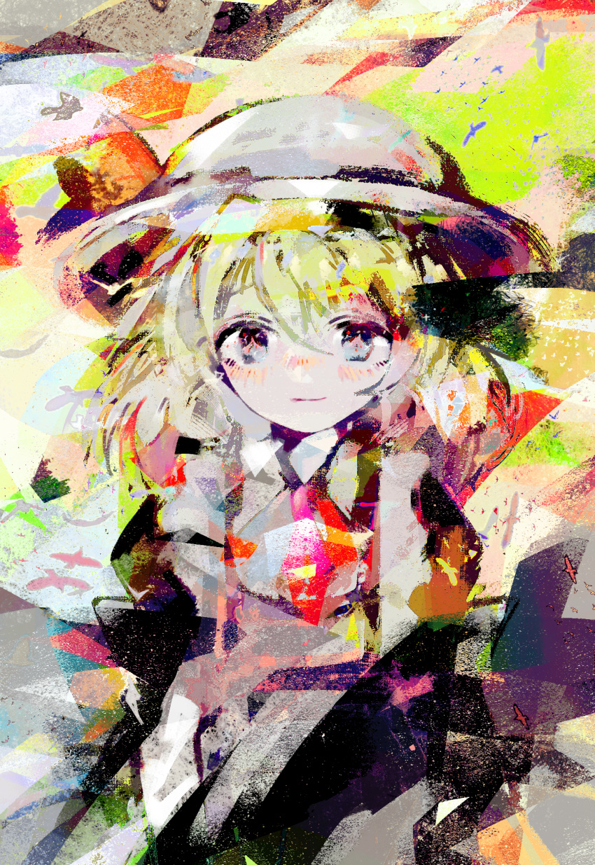 1girl, abstract, abstract_background, anabone, blonde_hair, blue_eyes, blush, bow