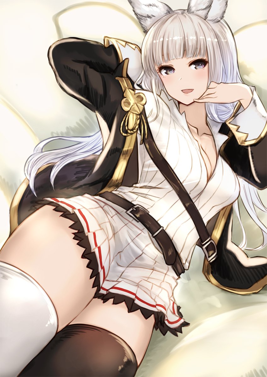 1girl, akai_kagerou, animal_ears, bangs, belt, black_jacket, black_legwear, blunt_bangs, blush, breasts, cleavage, collarbone, commentary_request, dress, erun_(granblue_fantasy), granblue_fantasy, grey_eyes, hand_behind_head, hand_on_own_chin, highres, jacket, korwa, long_hair, looking_at_viewer, lying, medium_breasts, mismatched_legwear, on_back, open_clothes, open_jacket, open_mouth, ribbed_dress, silver_hair, sleeve_cuffs, smile, solo, thighs, white_dress, white_legwear
