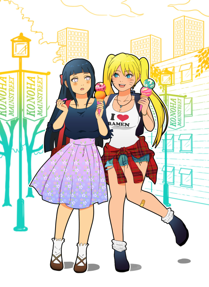 2girls, :d, :o, absurdres, black_hair, blonde_hair, blue_eyes, blush