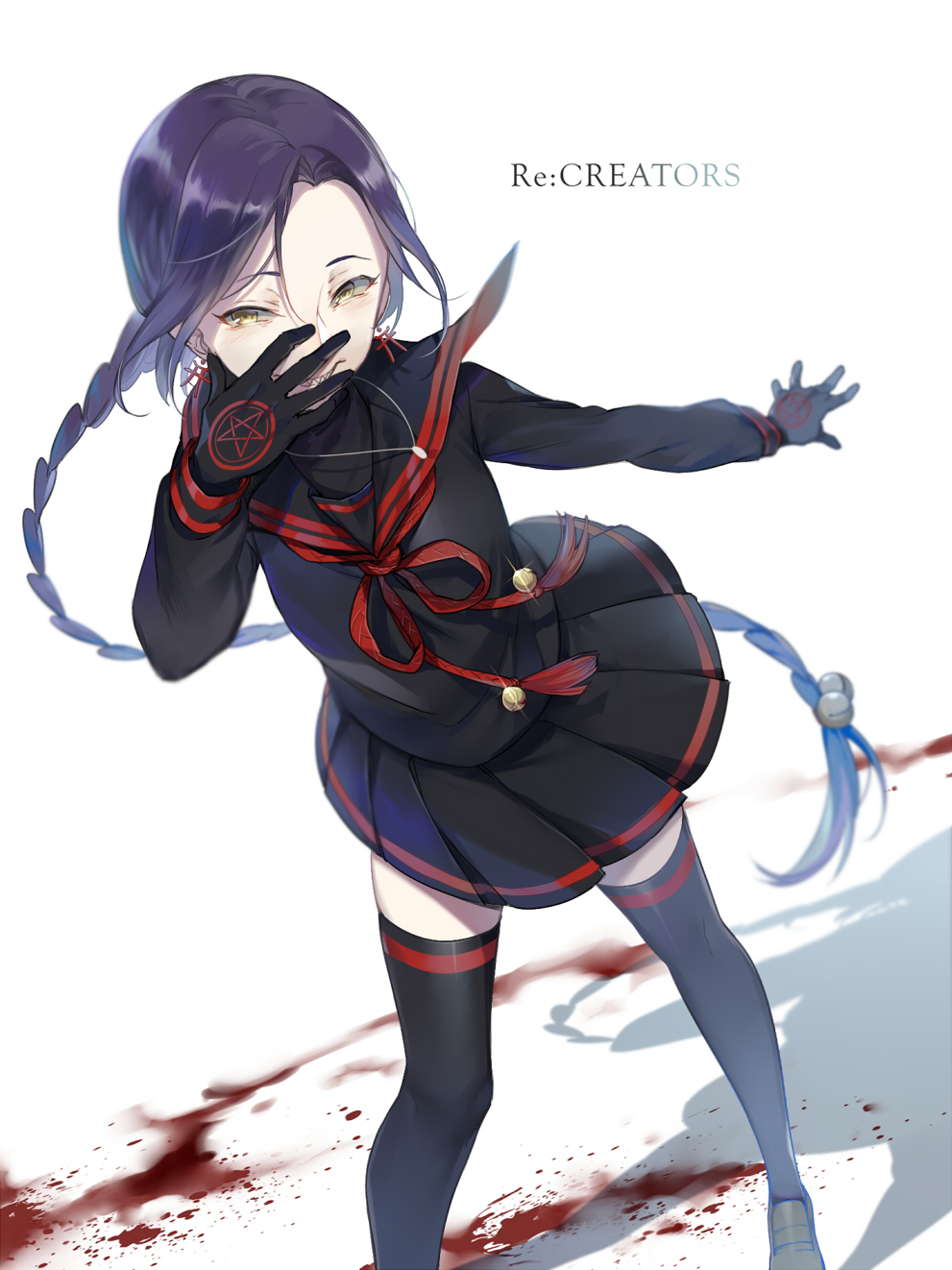 1girl, bell, black_gloves, blood, braid, chikujouin_magane, earrings, ekira_nieto