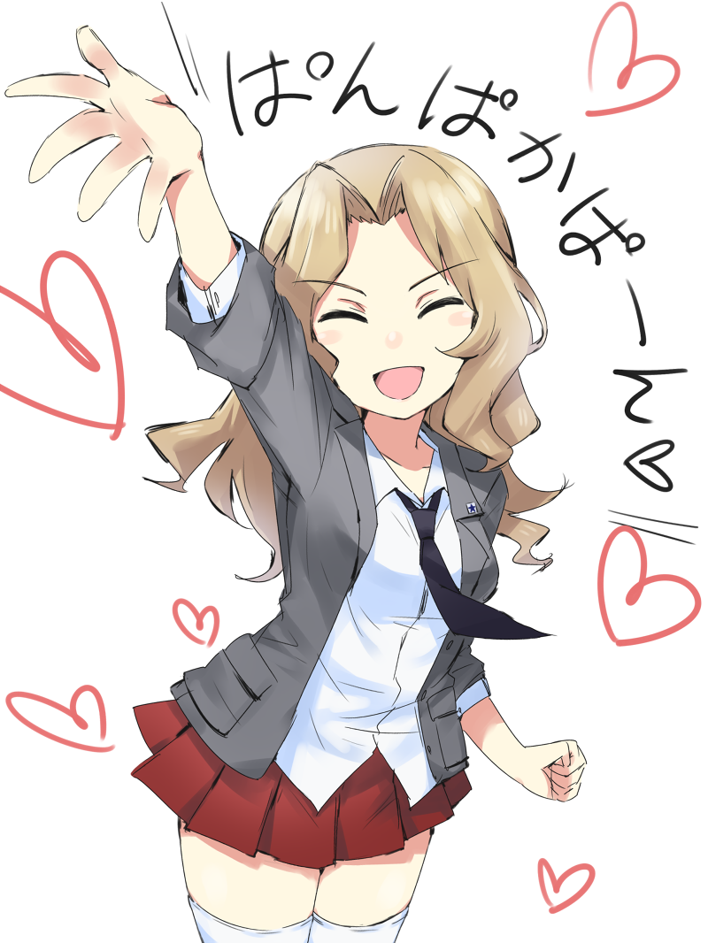 1girl, arm_up, black_necktie, blazer, blonde_hair, blouse, blue_eyes, closed_eyes