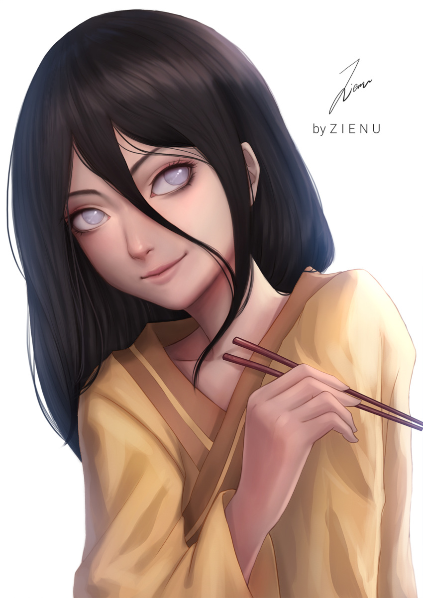 1girl, artist_name, boruto:_naruto_next_generations, brown_hair, chopsticks, hair_between_eyes, head_tilt, highres, hyuuga_hanabi, japanese_clothes, kimono, lavender_eyes, light_smile, long_hair, looking_at_viewer, no_pupils, signature, simple_background, solo, white_background, zienu