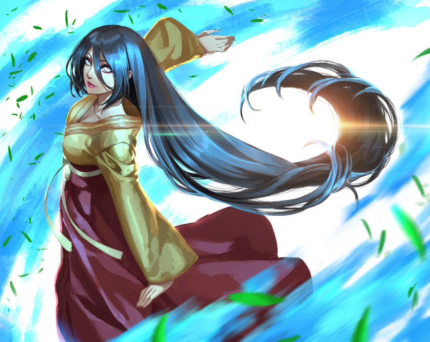 1girl, black_hair, boruto:_naruto_next_generations, breasts, cleavage, hyuuga_hanabi, japanese_clothes, kimono, large_breasts, lavender_eyes, leaf, leaves_in_wind, lipstick, long_hair, looking_at_viewer, makeup, naruto, no_pupils, red_lipstick, solo, very_long_hair, wind, yand