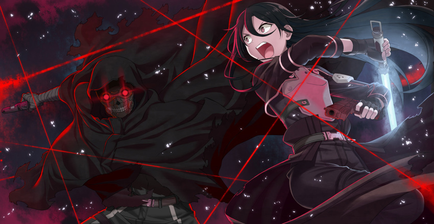 2boys, androgynous, beam_saber, black_cape, black_gloves, black_hair, black_pants, black_shirt