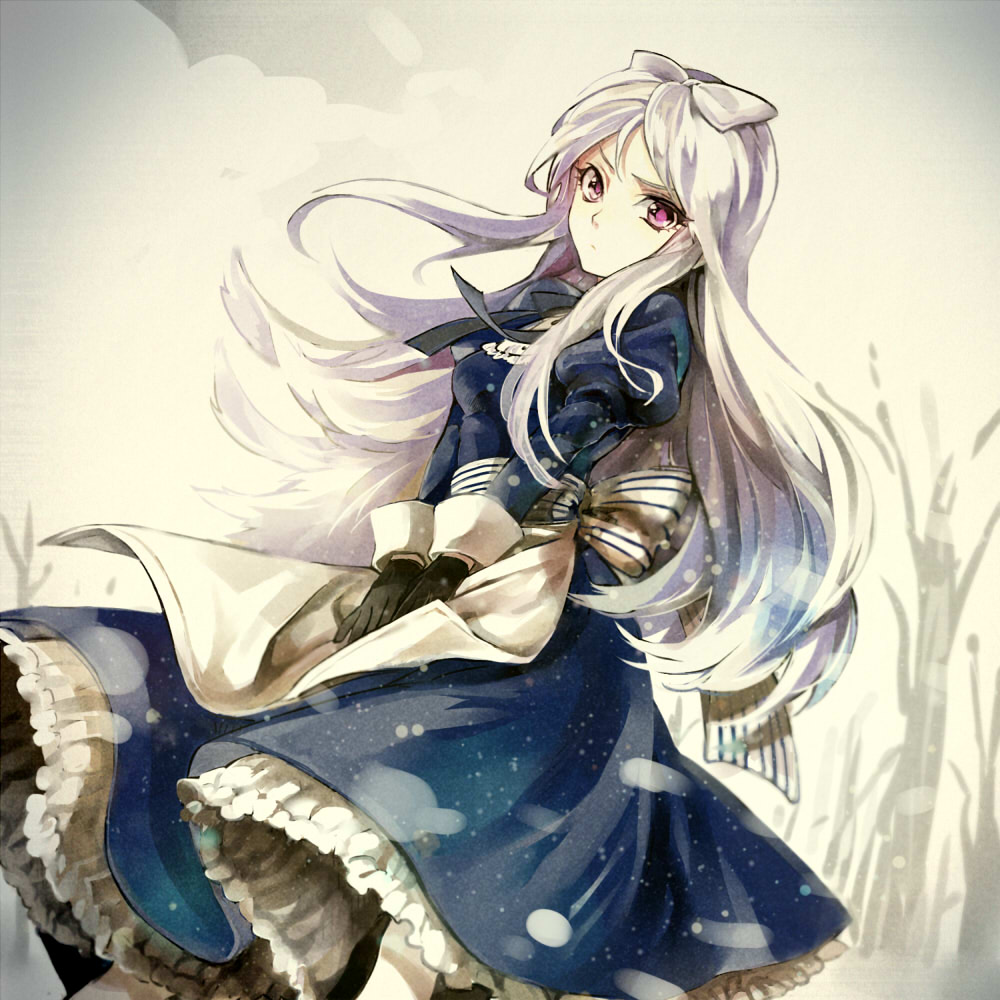 1girl, apron, axis_powers_hetalia, black_gloves, black_ribbon, blue_dress, bow, dress