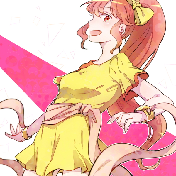 1girl, bow, dress, feena_(fire_emblem), fire_emblem, fire_emblem:_mystery_of_the_emblem, long_hair, open_mouth, pink_hair, ponytail, red_eyes, solo, white_background