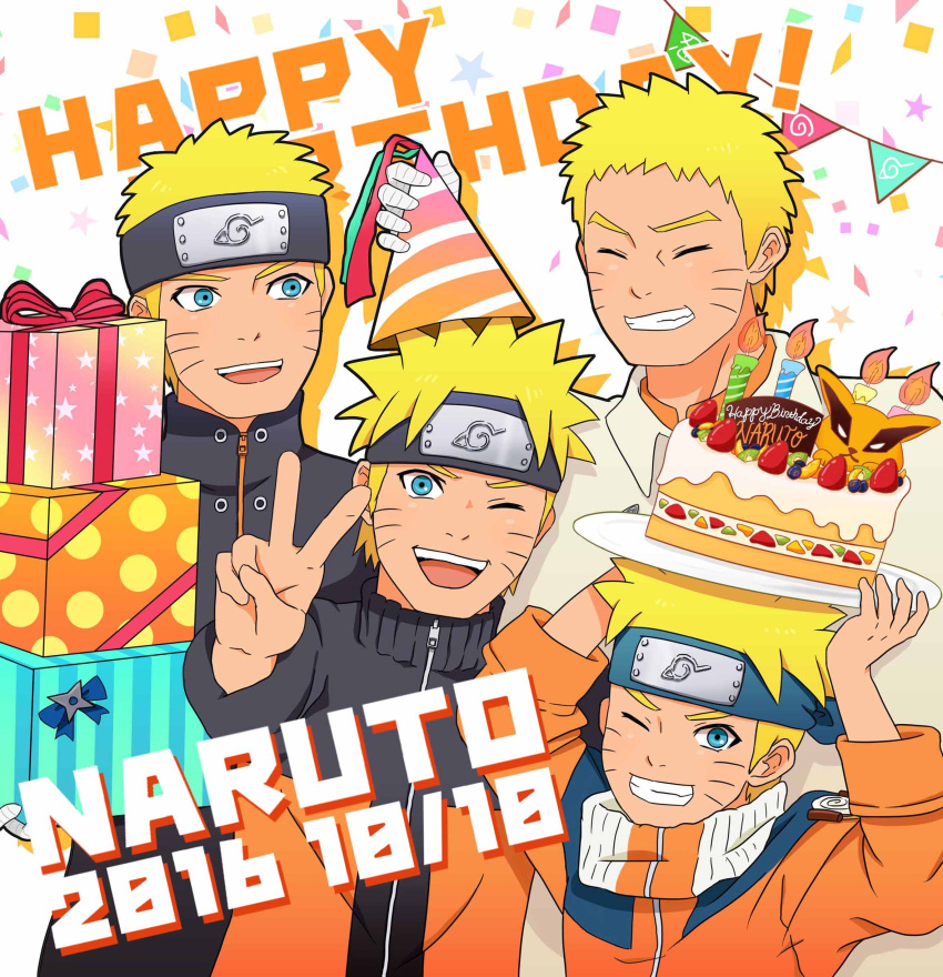 2016, 5boys, :d, absurdres, age_progression, bandage, bandaged_arm, birthday_cake