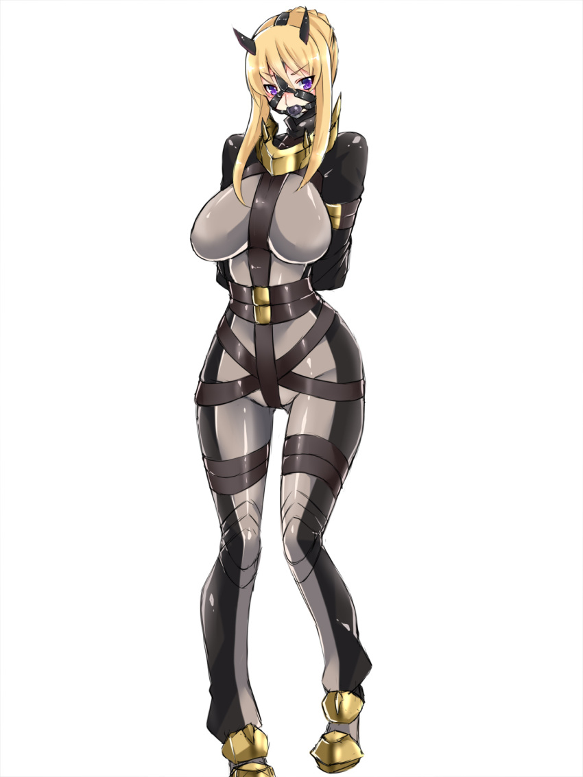 1girl, arms_behind_back, ball_gag, blonde_hair, bondage_outfit, bound, bound_arms, breasts